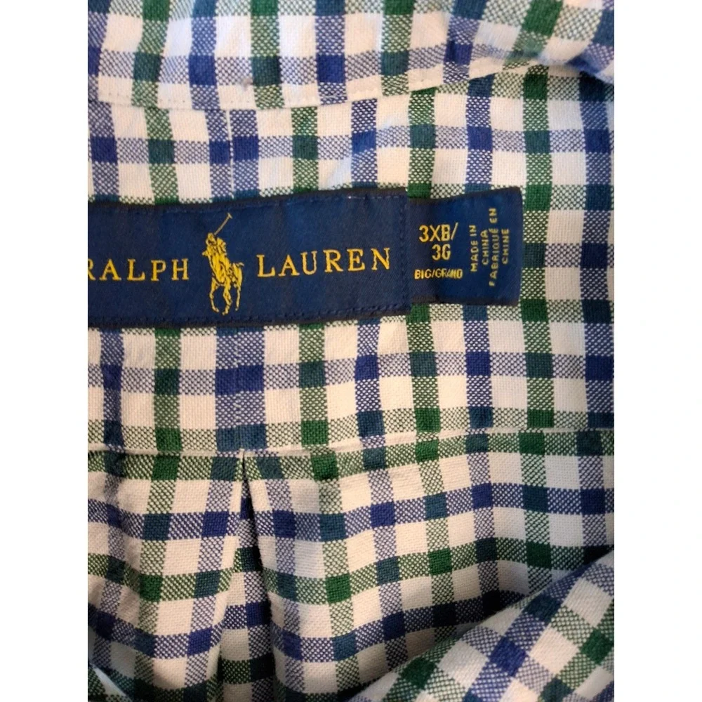 Polo Ralph Lauren Mens 3XB Big & Tall Gingham‎ Button Down Shirt Green Navy Blue